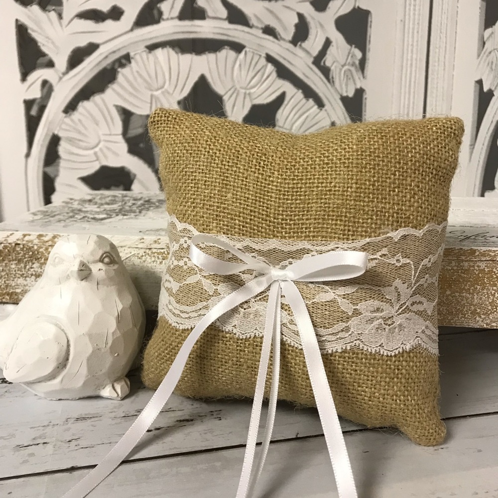 Wedding Ceremony Ring Bearer Pillow Burlap & Lace, Rustic Farmhouse Wedding